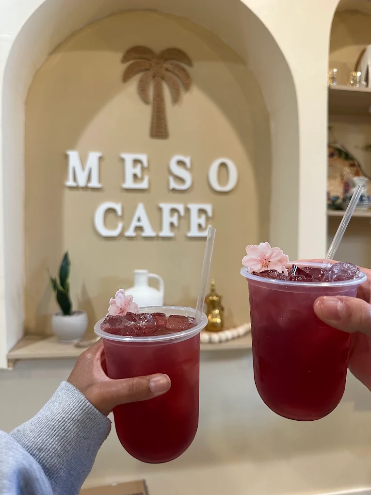 Two iced hibiscus refreshers held up in front of the Meso Cafe sign